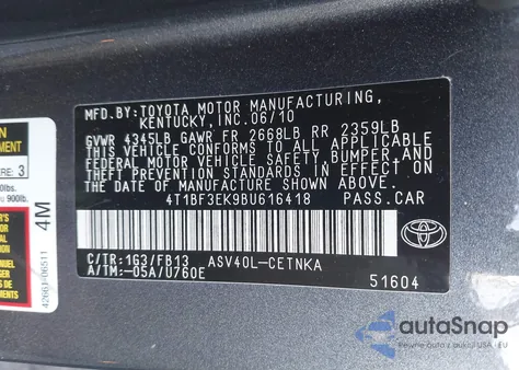 2011 Toyota Camry Le z USA, uszkodzony, nr VIN 4T1BF3EK9BU616418